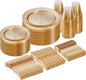 Goodluck 300 Piece Gold Glitter Disposable Plates for 50 Guests, Plastic Plates for Party, Wedding, Dinnerware Set of 50 Dinner Plates, 50 Salad Plates, 50 Spoons, 50 Forks, 50 Knives, 50 Cups