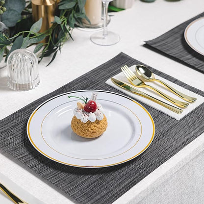 N9R 100PCS Gold Plastic Plates, 10.25 inch White Disposable Dinner Plate with Gold Rim, Heavy Duty Plates for Party Wedding and Birthday