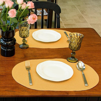 Noctiflorous Oval Braided Placemats Set of 6 Woven 12x18 Inch Non Slip Washable Heat Resistant Place Mats Round Tablemats for Dining Kitchen Party Daily Table Decor Dinner Mats (Solid Yellow, 6)