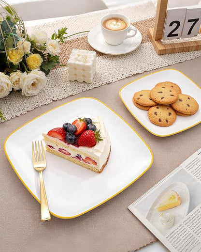 bUCLA 100PCS White Plates with Gold Trim - Heavy Duty White Gold Square Disposable - Include 50 Each (10 inch Dinner & 7.25 inch Dessert) Plates for Party & Wedding