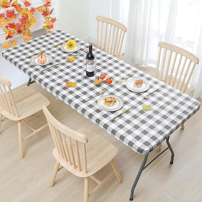 Smiry Rectangle Picnic Table Cloth, Elastic Waterproof Fitted Vinyl Tablecloths, Flannel Backed Buffalo Plaid Table Covers for Dining, Camping, Outdoor (White and Grey, 24" x 48")