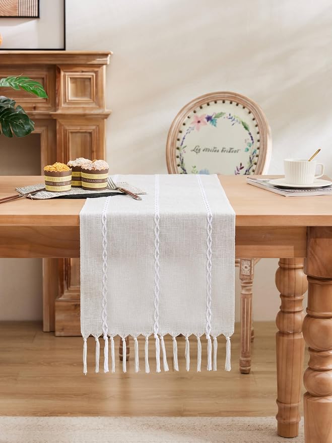Braided Farmhouse Table Runner, Braided Light Grey 13x48 Inch, Cotton Linen - Image 2