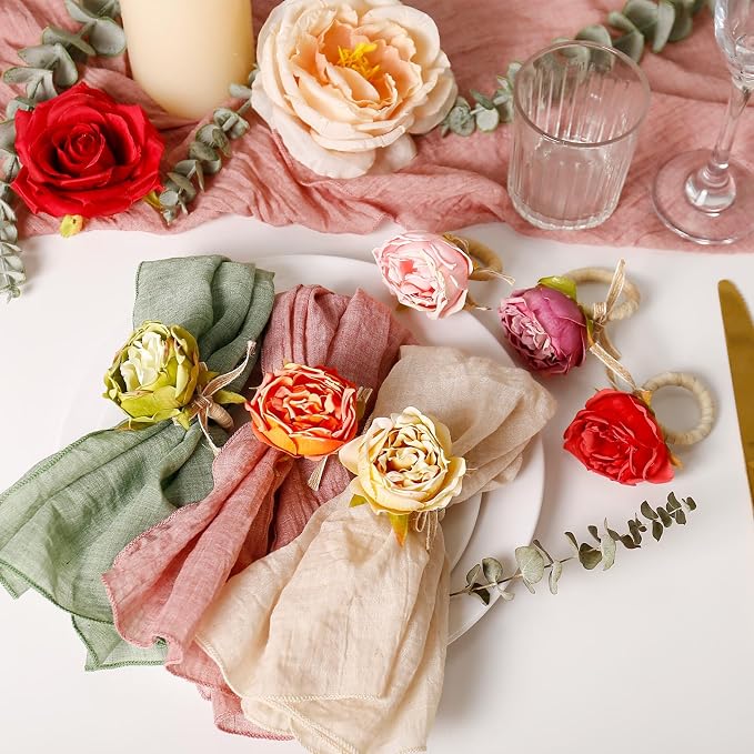 Handcraft Green Flower Napkin Rings Set of 12, Peony Napkin Holder Floral Rings - Image 4
