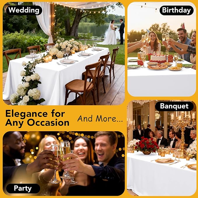 10-Pack White Tablecloths for Rectangle Tables, 54 x 108 Inches, Stain-Resistant Polyester Fabric for 6 Foot Tables - Washable Table Covers for Weddings, Banquets, Birthday Parties, Events