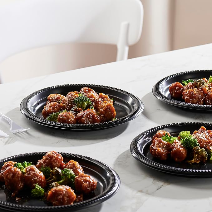 PLASTICPRO 200 PCS Black Plastic Plates Light Weight 9 Inch Plastic Dinner - Image 3