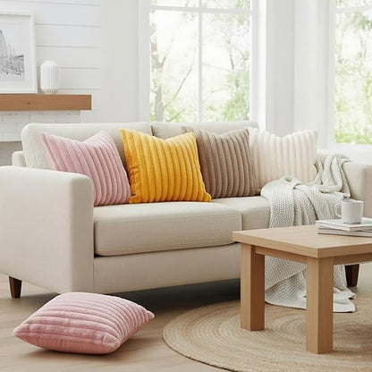 decorUhome Cozy Faux Fur Spring Throw Pillow Covers 18x18 Set of 2 Decorative Soft Plush Striped Modern Farmhouse Boho Couch Pillow Cases with Velvet Back for Sofa Bed Living Room, Cream White