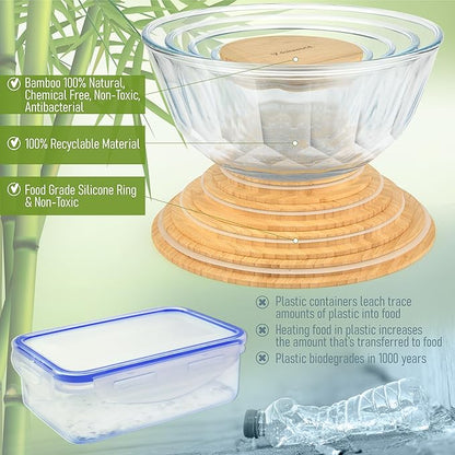 Large Stackable Set of 5 Nesting Glass Bowls with Bamboo Lids for Foodprep, Storage, Baking, Sourdough Mixing & Cooking. Microwave & Oven Safe Heat Resistant Inert Borosilicate Glass