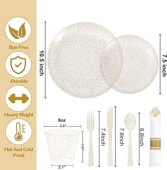 Rubtlamp 700Pcs Gold Glitter Plastic Dinnerware Set, Hammered Clear Plates - Image 2