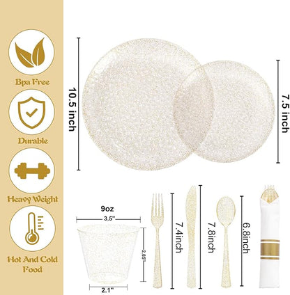 Rubtlamp 700Pcs Gold Glitter Plastic Dinnerware Set, Hammered Clear Plates - Image 2