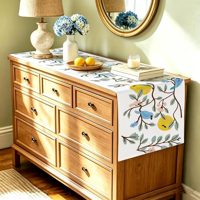 Embroidered Table Runner 14x72 Inch, 3D Textured Lemon Floral Canvas Dresser - Image 9