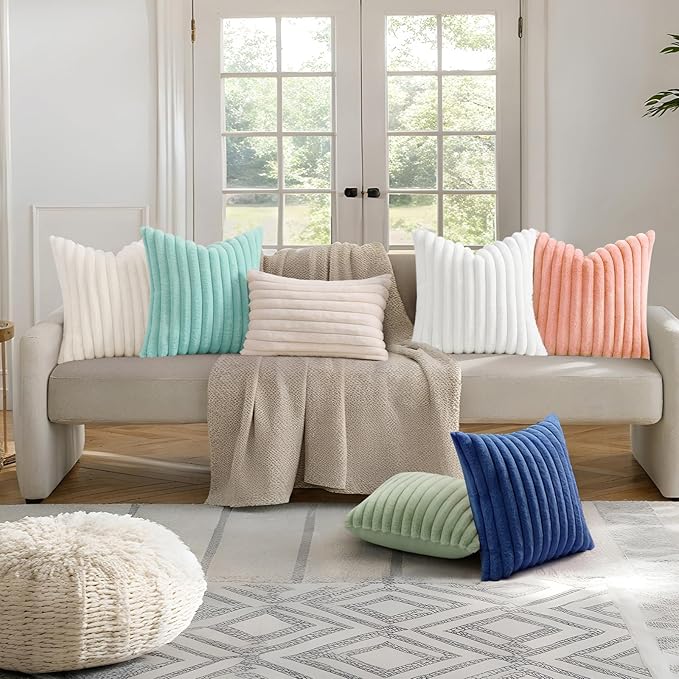 decorUhome Cozy Faux Fur Throw Pillow Covers 24x24 Set of 2 Decorative Plush Striped Modern Farmhouse Boho Couch Euro Sham Pillow Cases with Velvet Back for Sofa Bed Living Room Valentines, Blush Pink