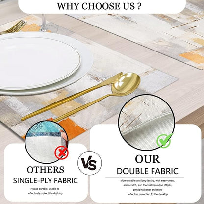 Mcalk Orange Table Runner and Placemats Set of 6, Abstract Grey Placemats, Modern Cloth Place Mats Indoor for Kitchen,Washable Linen Material for Dining Table