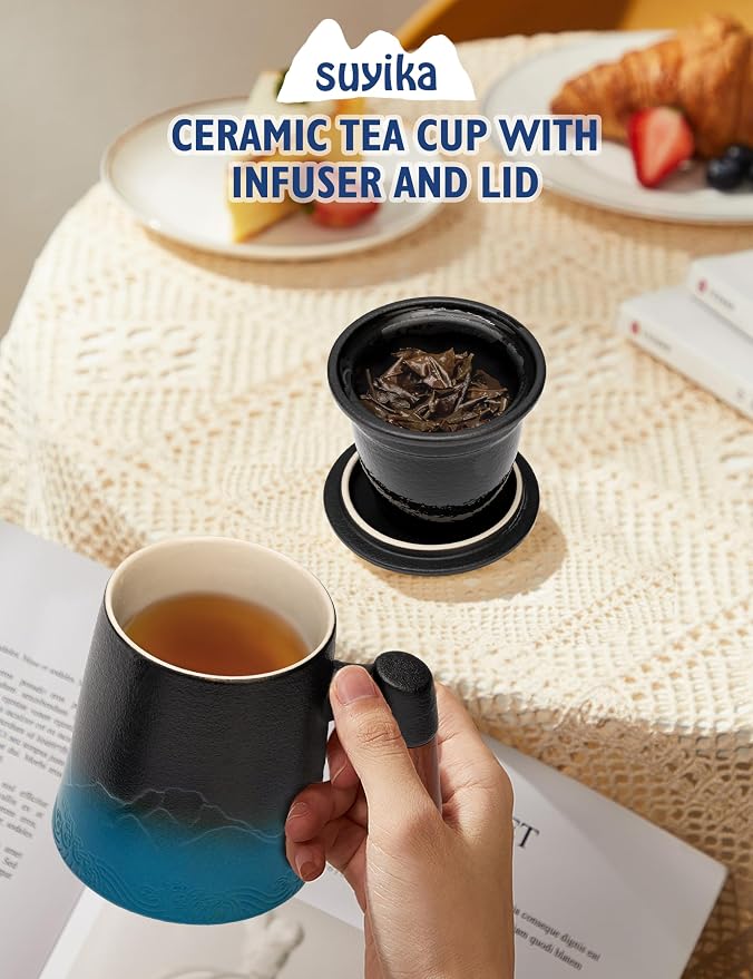 suyika Tea Cup with Infuser and Lid, 15.2 Ounce Wood Handle Ceramic Loose Leaf - Image 2