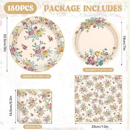 180Pcs Vintage Floral Party Supplies Paper Plates and Napkins Serve 60 | - Image 2