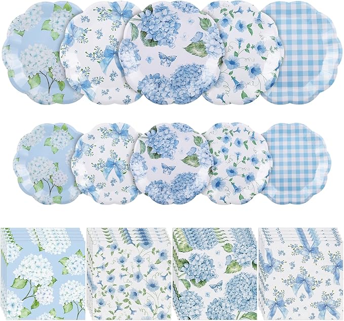 NatNarr 50 Set Floral Plates and Napkins Hydrangea Party Decor | 9" Hydrangea by NatNarr
