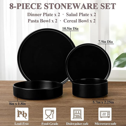 Herogo Dinnerware Sets with Pasta Bowls for 2, 8 Piece Dinner Salad Plates and Cereal Bowls, Stoneware Serving Dishes Dinner Ware for Home Kitchen, Dishwasher & Microwave Safe Dishware, Matte Black