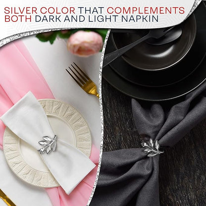 Set of 20 Silver Valentine Napkin Rings - Decorative Silver Napkin Rings Set | Napkin Ring Holders with Elegant Leaf Design for Weddings, Parties & Special Occasions, Romantic Valentine Table Decor
