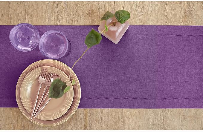 Solino Home 100% Linen Table Runner Purple, Classic Hemstitch 14 x 90 in | - Image 3