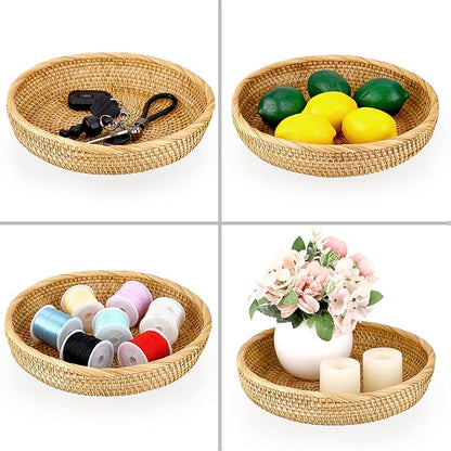 Hipiwe 9.9" Round Key Basket Bowl for Entryway Table Wicker Storage Basket Woven Keys Bowl Holder Crackers Fruit Candy Serving Tray Rattan Organizer Basket for Remote Control Wallet Cell Phone