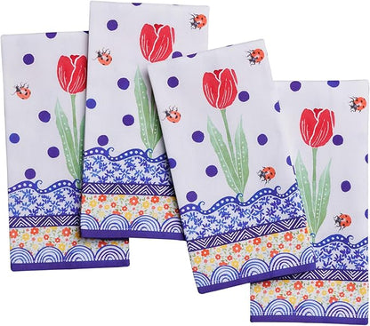 Maison d' Hermine Cloth Napkins Set of 4 100% Cotton Everyday Reusable Square Napkins Cloth Washable Dinner Party Wedding Restaurant Valentines Day Decorations Spring/Summer (Folky Floral, 18" x 18")