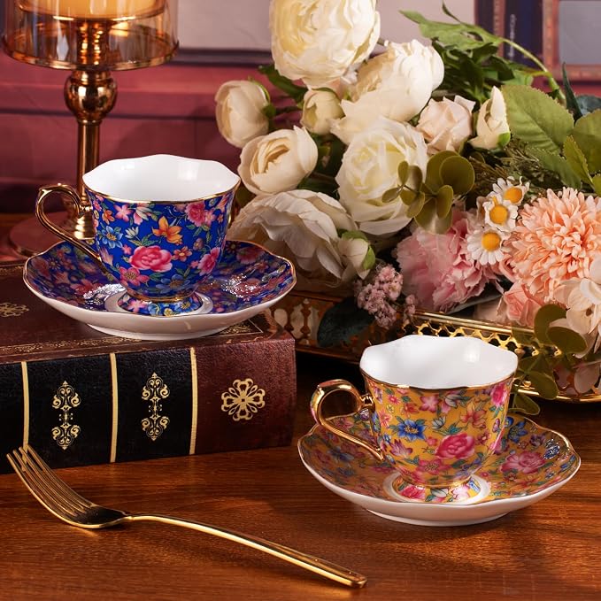 KAMMAK Tea Cup and Saucer, Ceramic Coffee Cups, 6.3 oz, Afternoon Tea and - Image 7