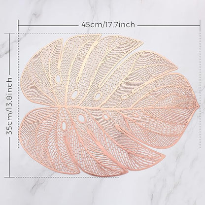 Evevda Rose Gold Leaf Shaped Vinyl Placemats for Dinner Table Set of 6 Metallic Plastic Place Mats Wipeable 6Pcs Table Mats for Wedding Annersary Dinner Table Decoration Mats(17.7x13.8inch/45x35cm)