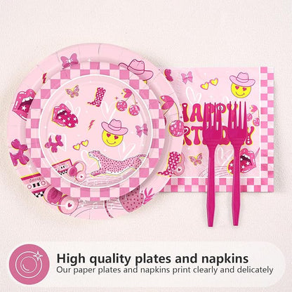 96Pcs Pink Checkered Preppy Birthday Party Supplies Serves 24 | Pink Smiley - Image 2