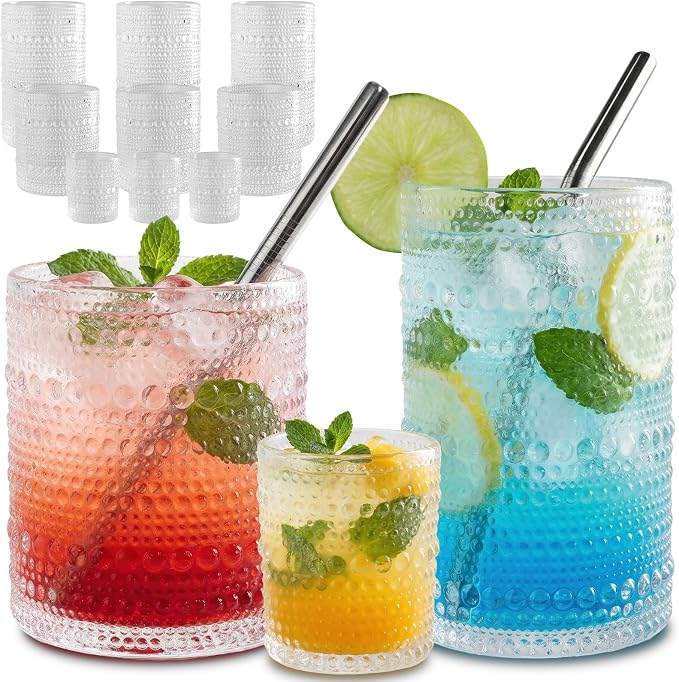 CycleMore 12Pc Vintage Hobnail Drinking Glasses, 12oz 10oz 4oz Clear Cup | BPA by CycleMore