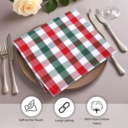 Urban Villa Cotton Dinner Napkins Set of 6, Highly Absorbent 20x20 Inches Premium Cloth Napkins Hotel Quality Reusable & Washable Table Dinner Napkins for Home & Weddings - Red/Green/White, Checks