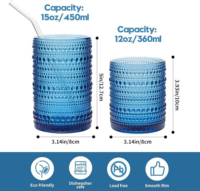 HomeVogue Hobnail Drinking Glasses Set of 12, 12oz & 15oz Vintage Glassware Set - Image 2