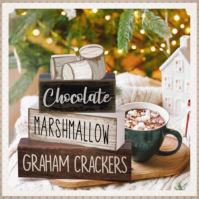 Moucuny 4 Pcs Christmas Table Decoration Wooden Marshmallow Chocolate Christmas - Image 6