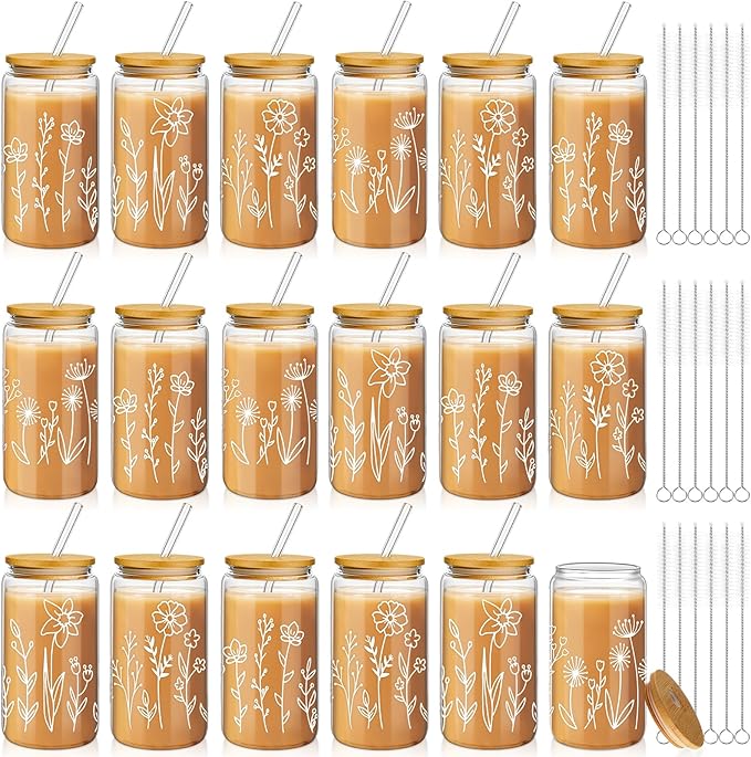 Mumufy 18 Pack Glass Cups Gift Aesthetic Cute Glass Cup Tumbler Flower Iced by Mumufy