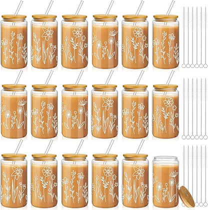 Mumufy 18 Pack Glass Cups Gift Aesthetic Cute Glass Cup Tumbler Flower Iced by Mumufy
