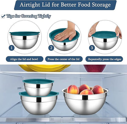 LIANYU Mixing Bowls Set with Airtight Lids, Stainless Steel Large Metal Kitchen Bowls Set of 3, Dishwasher & Freezer Safe, 1.5QT & 3QT & 4.6QT, Blue