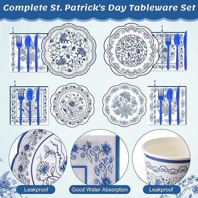 450 Pcs Blue Floral Tableware Set Decorations, Serves 50 | Blue White - Image 3