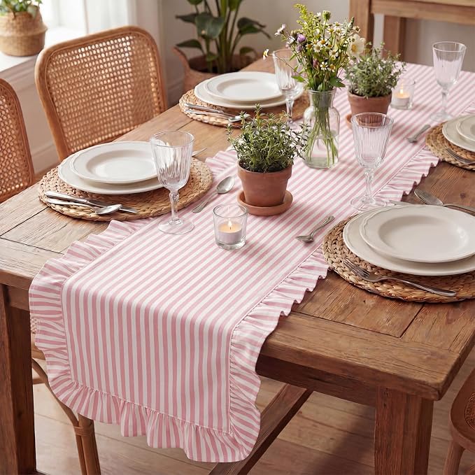 HunnmingRe Ruffle Trim Boho Table Runner Farmhouse Rustic Stripes Scalloped - Image 7