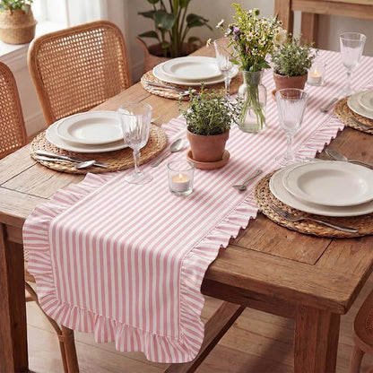 HunnmingRe Ruffle Trim Boho Table Runner Farmhouse Rustic Stripes Scalloped - Image 7