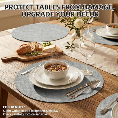 15 inch Faux Leather Round Placemats Set of 6 Non-Slip Washable Wipeable Table Mats, Heat Resistant Waterproof Oilproof Grey Place Mats for Kitchen, Dining, Party, Indoor, Outdoor
