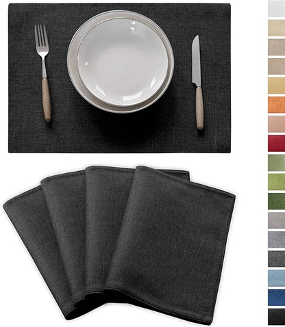 Demetex Black Placemats Set of 4 Stain Resistant Cloth Place Mats Heat Resistant Linen Table Plate Mats for Kitchen Dining Party Gathering, Black