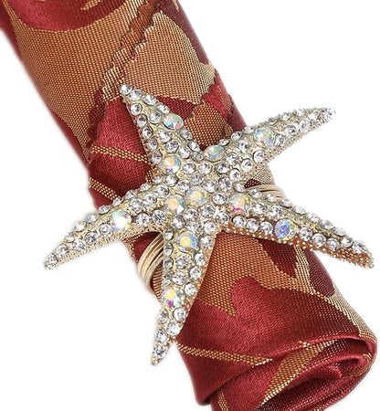 Crystal Starfish Napkin Rings Set of 12 - Rhinestone Coastal Nautical Napkin Ring Holders for Wedding Party, Beach/OceanTheme Dining Table Decoration Accessories (12)