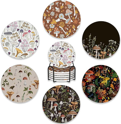 6 Pcs Coasters for Drinks with Holder,Retro Mushrooms Berries and Bugs Absorbent Coaster with Cork Backing,Great Gift for Housewarming,Room Decor,Bar,Holiday Party