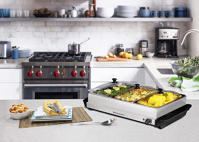Elite Gourmet EWM-6171 Triple 3 x 2.5 Qt. Trays, Buffet Server, Food Warmer Temperature Control, Clear Slotted Lids, Perfect for Parties, Entertaining & Holidays, 7.5 Qt Total, Stainless Steel