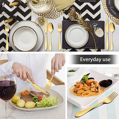 LIANYU 40-Piece Gold Silverware Set for 8, Stainless Steel Flatware Cutlery Set, Tableware Eating Utensils Include Forks Knives Spoons, Mirror Polished, Dishwasher Safe