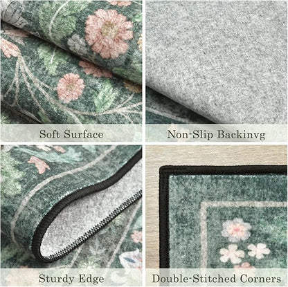 Green Floral 8x10 Area Rugs for Living Room Large Washable Rug Vintage Forest Low Pile Non Slip Stain Resistance Soft Carpet for Dining Room, Bedroom, Office Rug, Kids Room, Nursery Room, Playroom