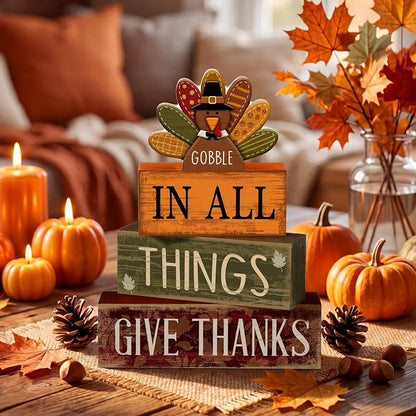 Moucuny 4 Pcs Fall Decorations for Home Wooden Turkey Decor Thanksgiving Tiered - Image 3