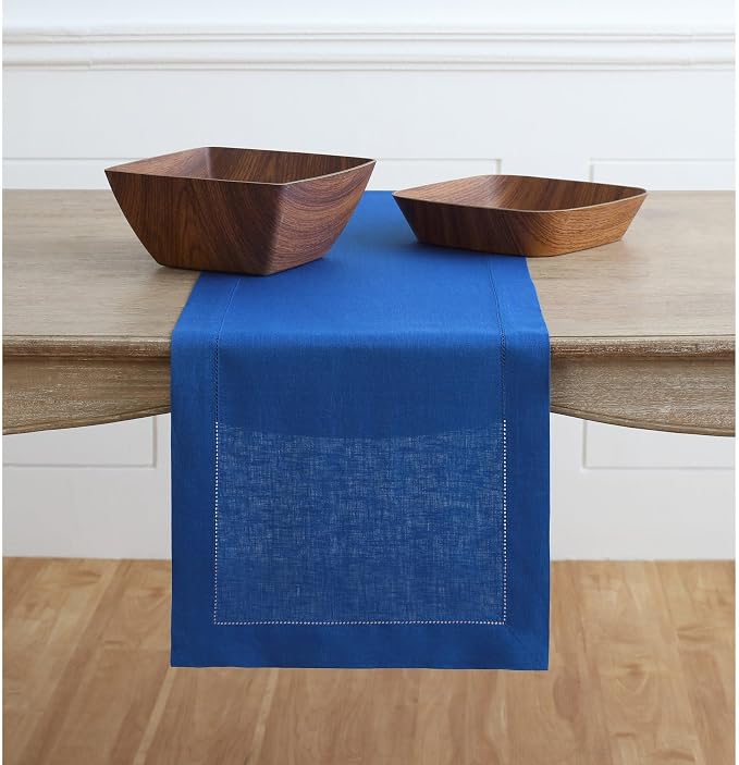 Solino Home 100% Pure Linen Table Runner Royal Blue Hemstitch, 14 x 144 in | by SolinoHome