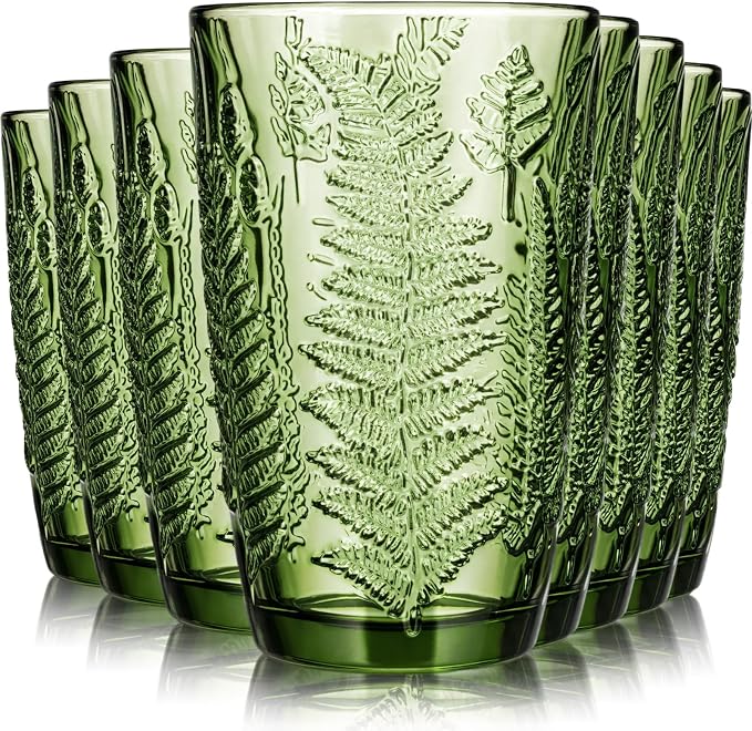 Reallnaive 14 oz Green Drinking Glasses Set of 8, Vintage Glassware by Unknown
