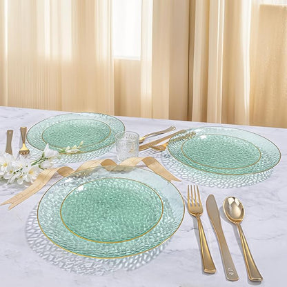 DaYammi 60PCS Green Gold Plastic Plates - 10 inch Green Plastic Dinner Plates - Hammer Pattern Design - Fancy Disposable Plates Ideal for Wedding & Party