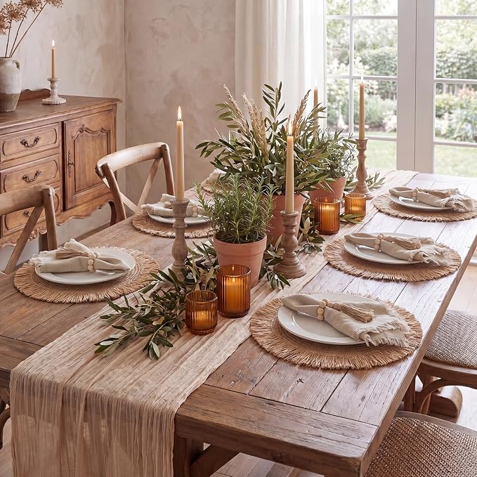 Frienda Set of 6 Boho Table Placemats Round Woven Place Mats Matching Linen - Image 4