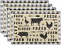 Farm Animal Cow Table Mat Set of 4，Farmhouse Chicken Decor Buffalo Plaid Rectangular Linen Placemats with Non-Slip Kitchen Table Decor 12x18 Inch for Party Kitchen Dining